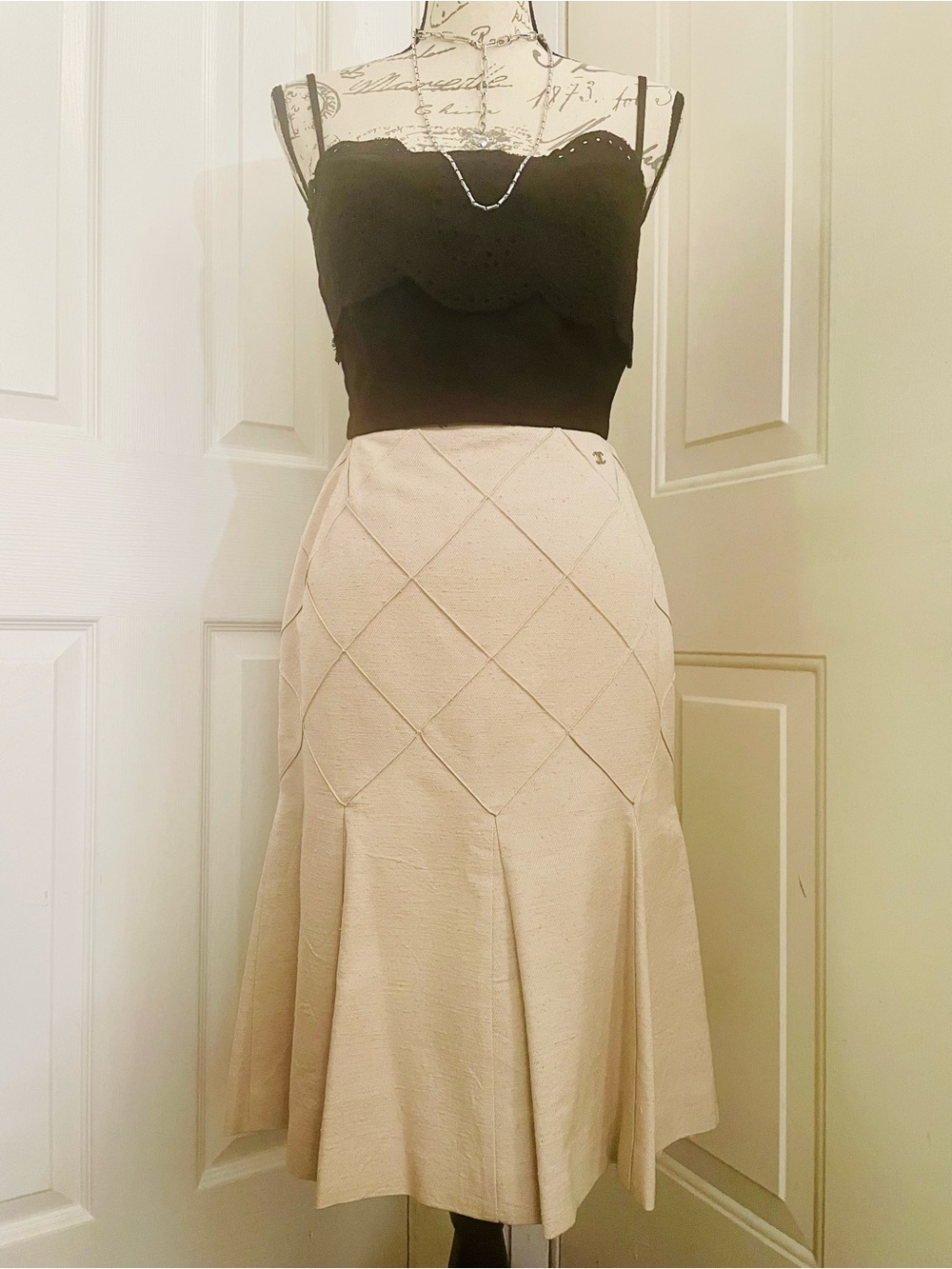 CHANEL Cream A-Line Midi Skirt with Diamond Quilt Detail